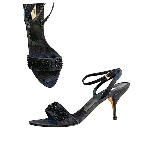 Prada denim ankle strap heeled sandal with black beading, size 38 EU - Picture 2 of 15
